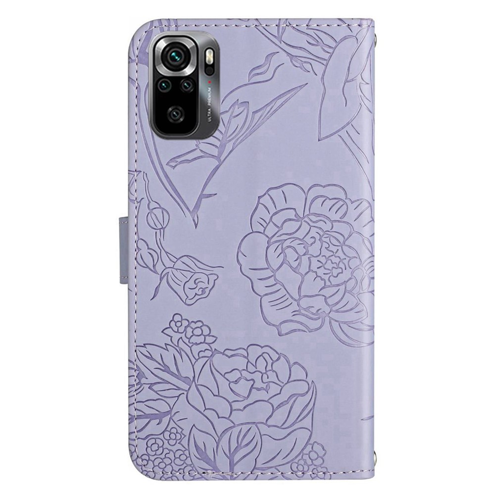 For Xiaomi Poco M5s 4G Skin-touch PU Leather Stand Wallet Cover Imprinting Butterfly Flowers Folio Flip Phone Cover with Hand Strap - Light Purple-10