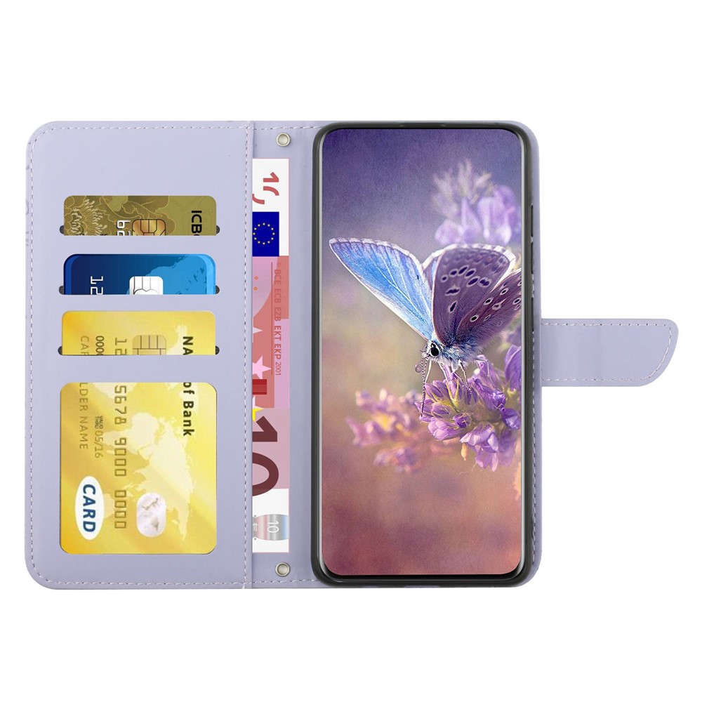 For Xiaomi Poco M5s 4G Skin-touch PU Leather Stand Wallet Cover Imprinting Butterfly Flowers Folio Flip Phone Cover with Hand Strap - Light Purple-2