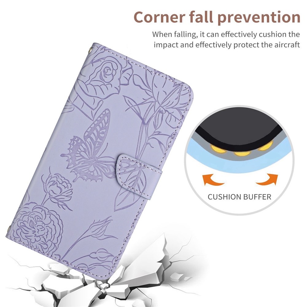 For Xiaomi Poco M5s 4G Skin-touch PU Leather Stand Wallet Cover Imprinting Butterfly Flowers Folio Flip Phone Cover with Hand Strap - Light Purple-6