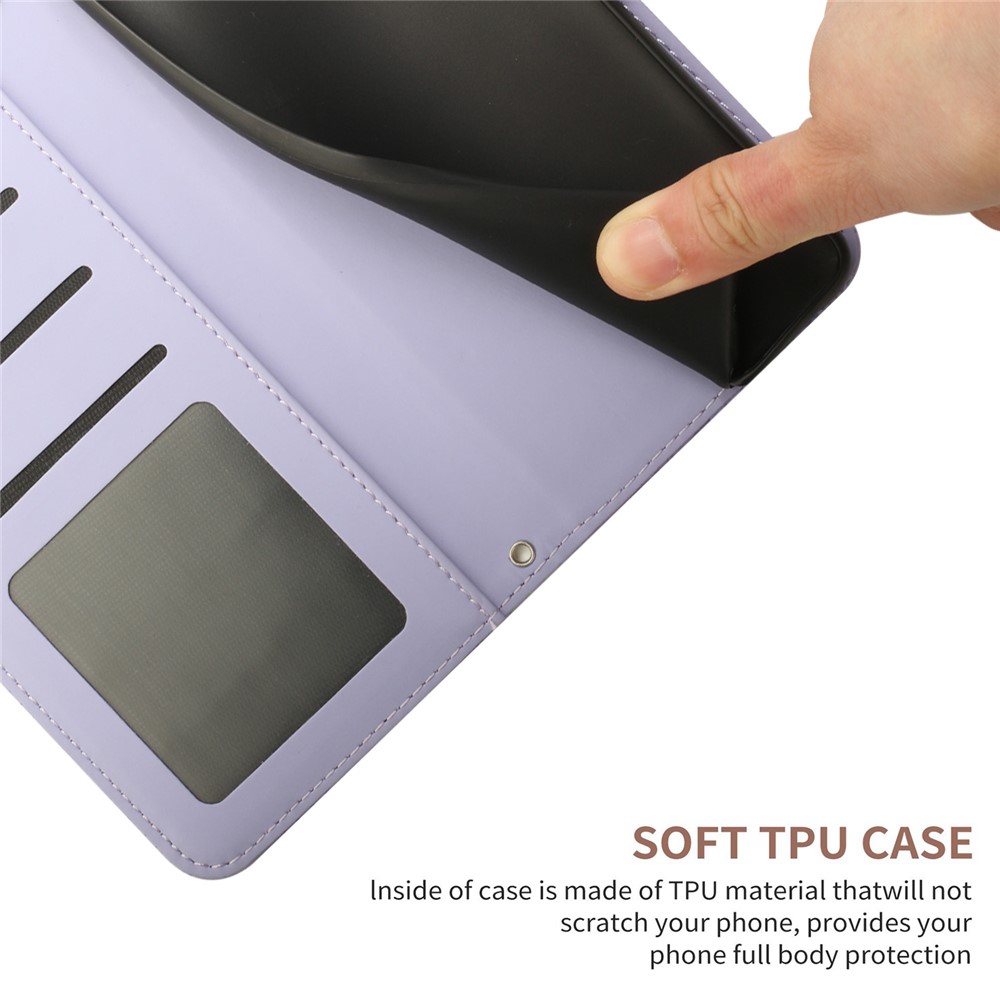For Xiaomi Poco M5s 4G Skin-touch PU Leather Stand Wallet Cover Imprinting Butterfly Flowers Folio Flip Phone Cover with Hand Strap - Light Purple-7