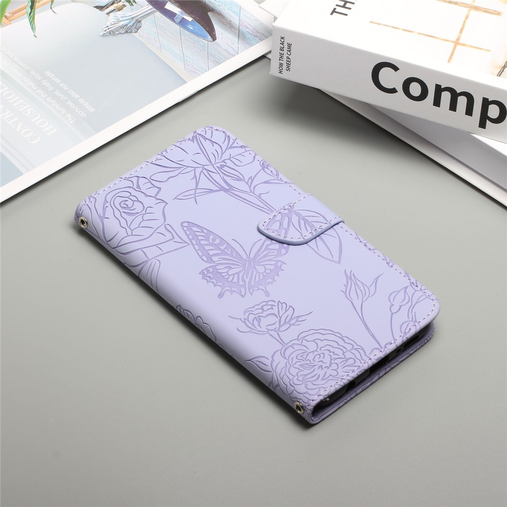 For Xiaomi Poco M5s 4G Skin-touch PU Leather Stand Wallet Cover Imprinting Butterfly Flowers Folio Flip Phone Cover with Hand Strap - Light Purple-8