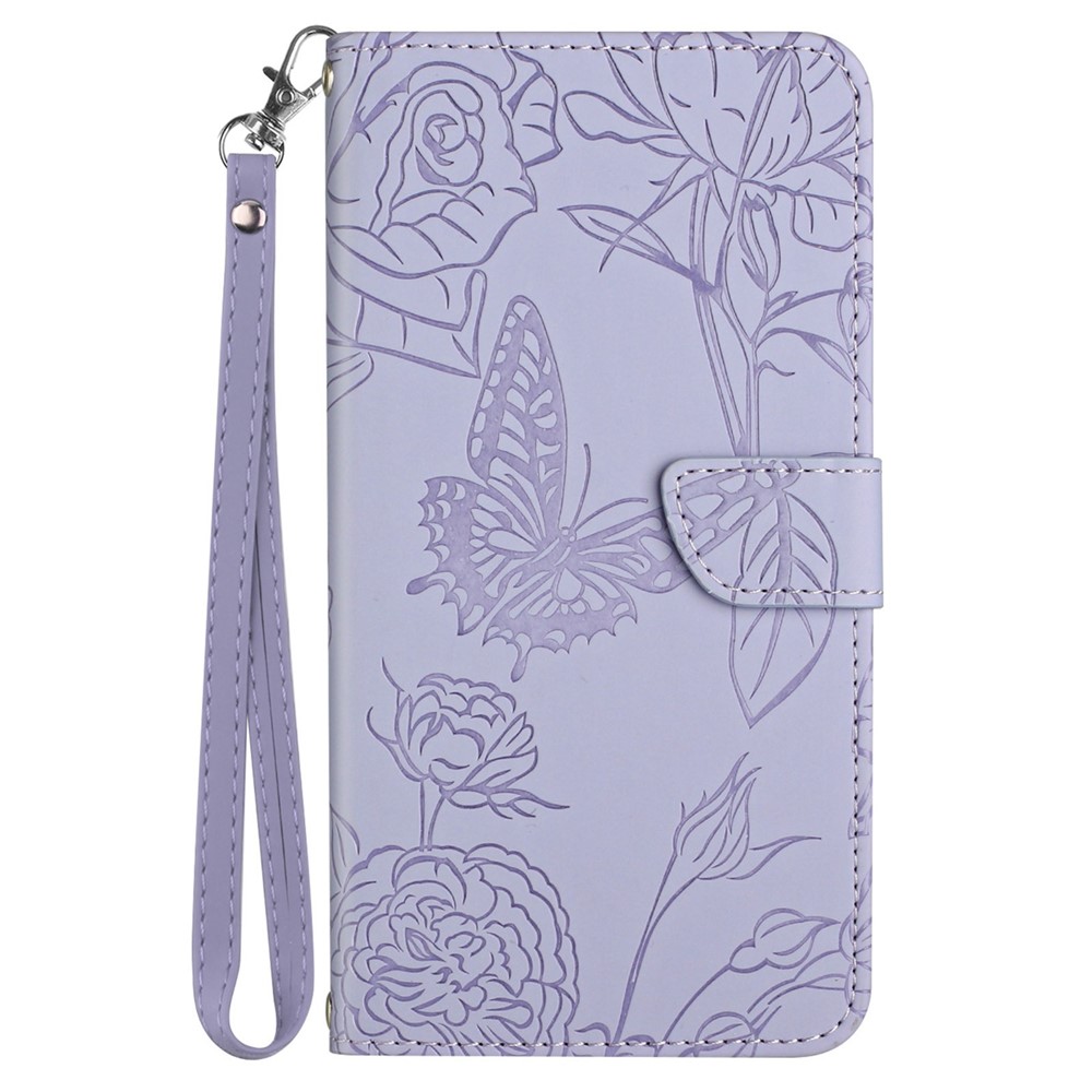For Xiaomi Poco M5s 4G Skin-touch PU Leather Stand Wallet Cover Imprinting Butterfly Flowers Folio Flip Phone Cover with Hand Strap - Light Purple-9