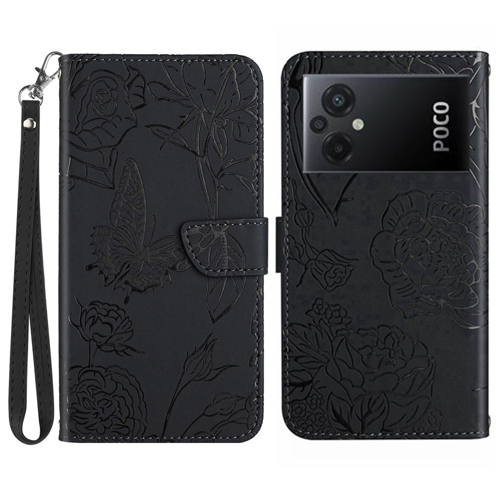 For Xiaomi Poco M5 4G Skin-touch Butterfly Flowers Imprinting PU Leather Stand Case Phone Wallet Cover with Hand Strap - Black-1