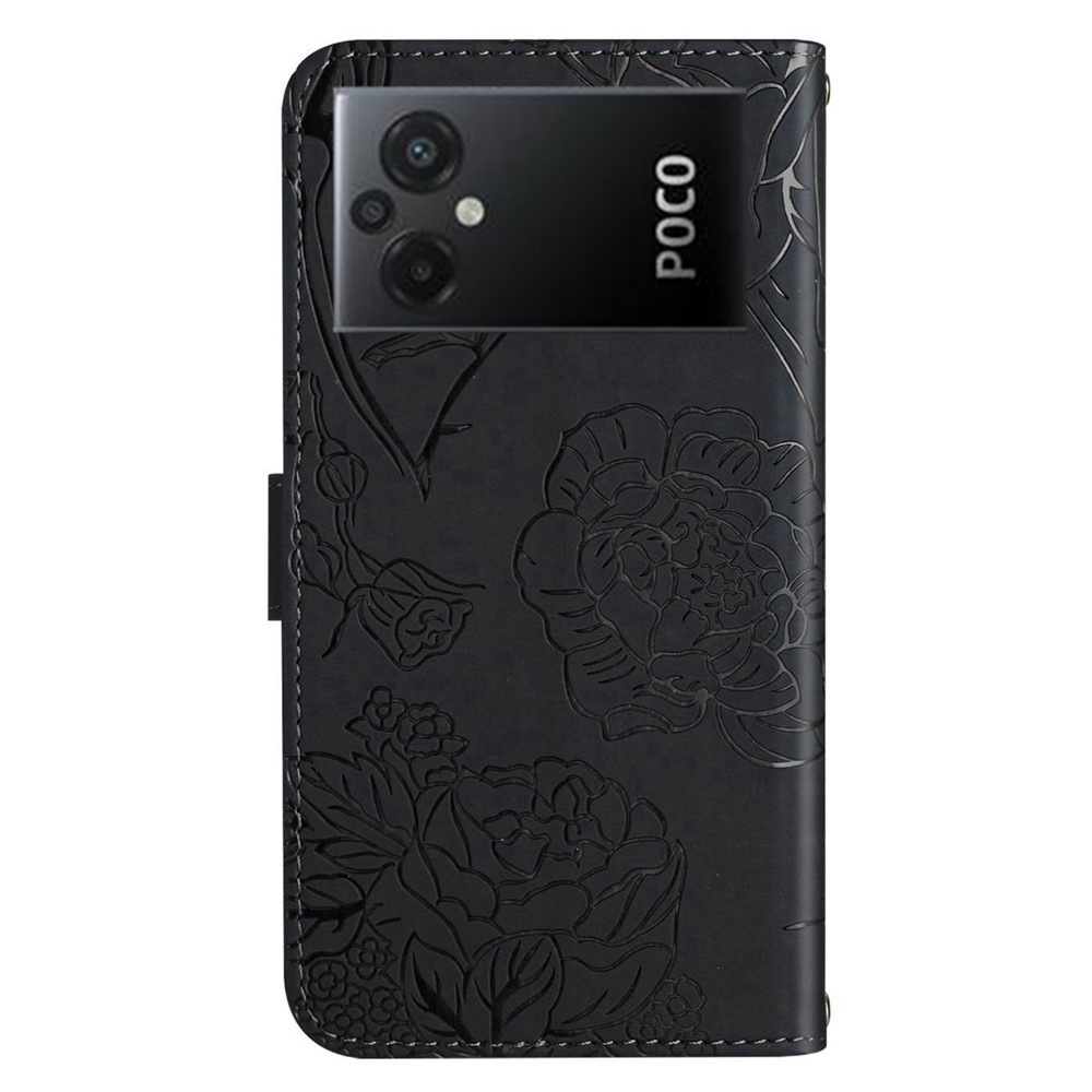 For Xiaomi Poco M5 4G Skin-touch Butterfly Flowers Imprinting PU Leather Stand Case Phone Wallet Cover with Hand Strap - Black-10