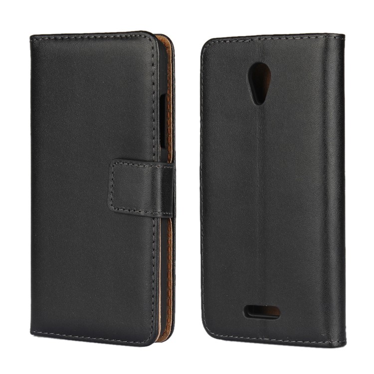 For Lenovo B Genuine Split Leather Wallet Phone Case with Stand - Black-1
