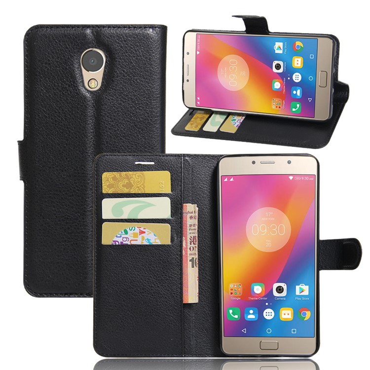 Litchi Skin Leather Wallet Stand Case for Lenovo P2 - Black-1