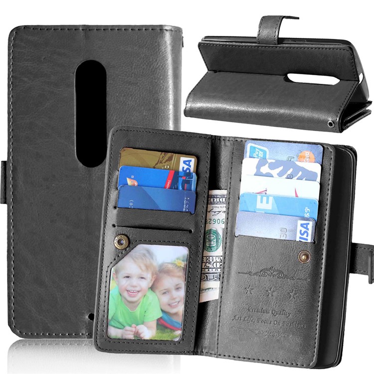 For Motorola Moto X Play Crazy Horse Leather 9 Card Slots Wallet Casing - Black-1