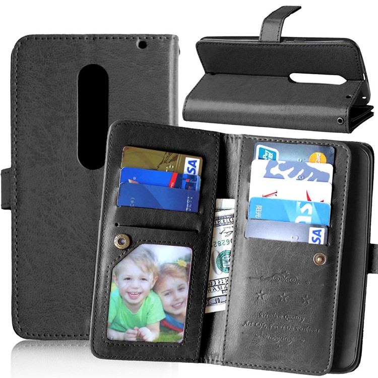 For Motorola Moto X Style Crazy Horse 9 Card Slots Wallet Leather Mobile Case - Black-1