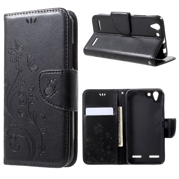 Imprint Butterfly Flower Wallet Leather Phone Case for Lenovo Vibe K5 / K5 Plus - Black-1