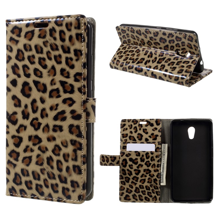 For Lenovo P2 Glossy Leopard PU Leather Wallet Case with Stand-1
