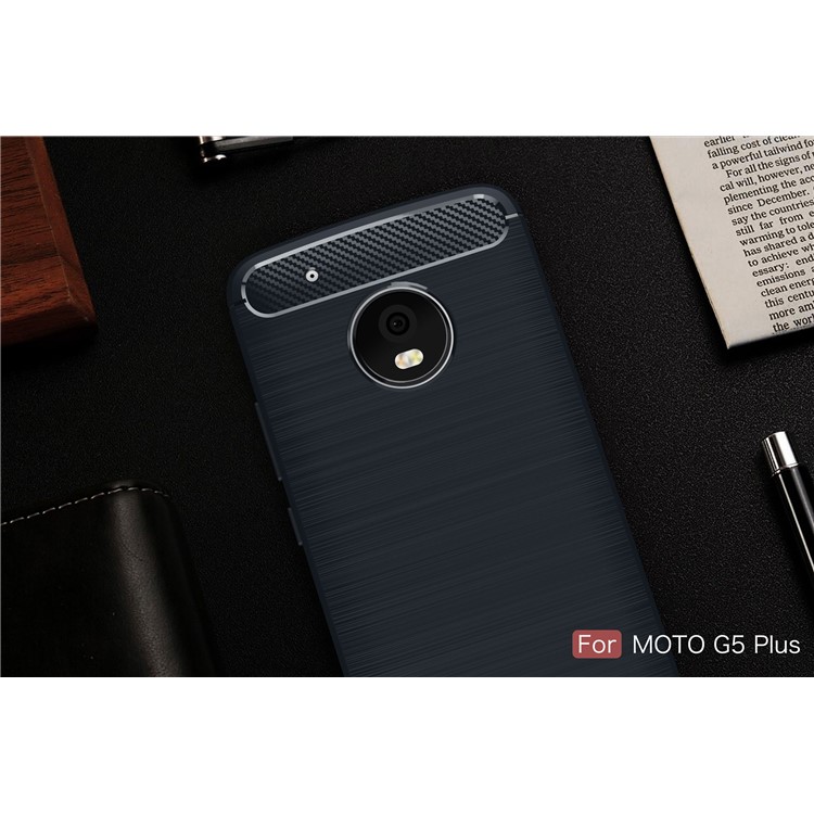 For Motorola Moto G5 Plus Carbon Fiber Brushed TPU Gel Protection Case - Dark Blue-2