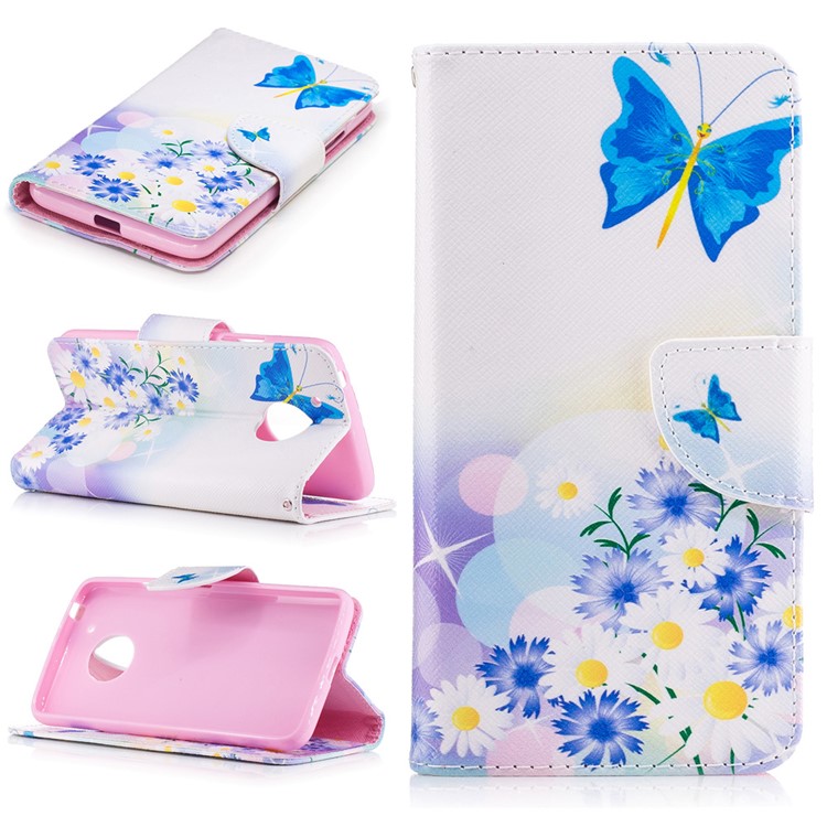 Pattern Printing Leather Wallet Cover for Motorola Moto G5 - Blue Butterfly and Flowers-1