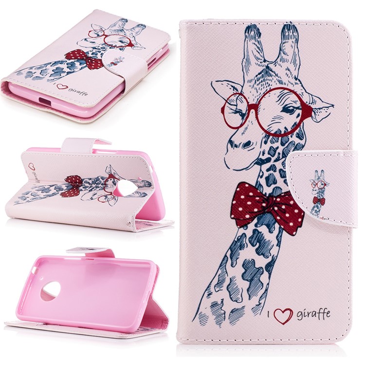 Pattern Printing Leather Wallet Case with Stand for Motorola Moto G5 - Adorable Giraffe Wearing Glasses-1