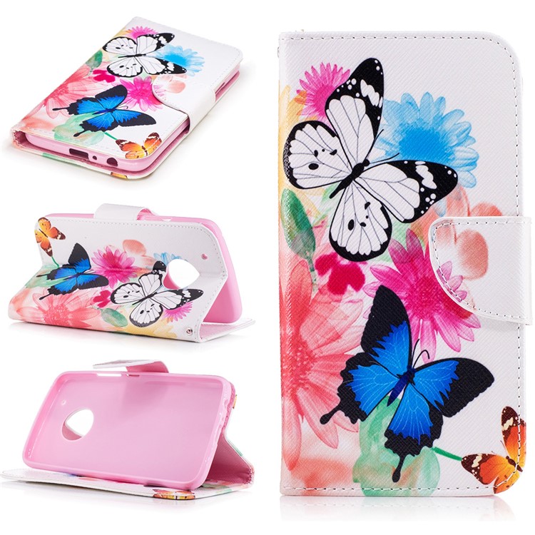 Pattern Printing Leather Wallet Case for Motorola Moto G5 Plus - Vivid Butterflies-1