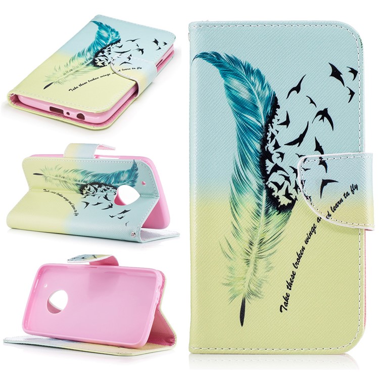 Pattern Printing PU Leather Wallet Case for Motorola Moto G5 Plus - Feather Pattern-1