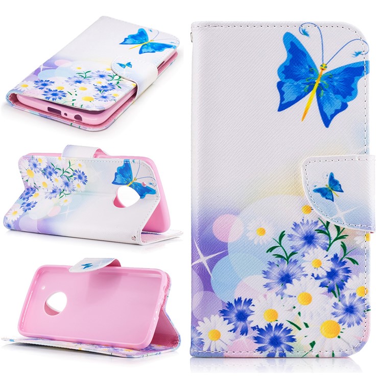 Pattern Printing Wallet Leather Mobile Phone Case for Motorola Moto G5 Plus - Blue Butterfly and Flowers-1