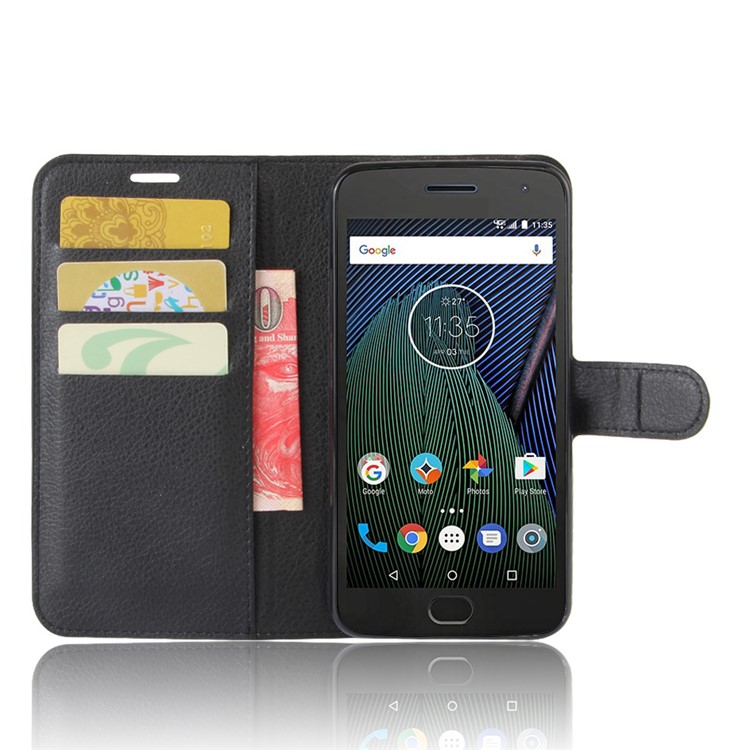 Litchi Skin Leather Wallet Case for Motorola Moto G5 Plus - Black-3