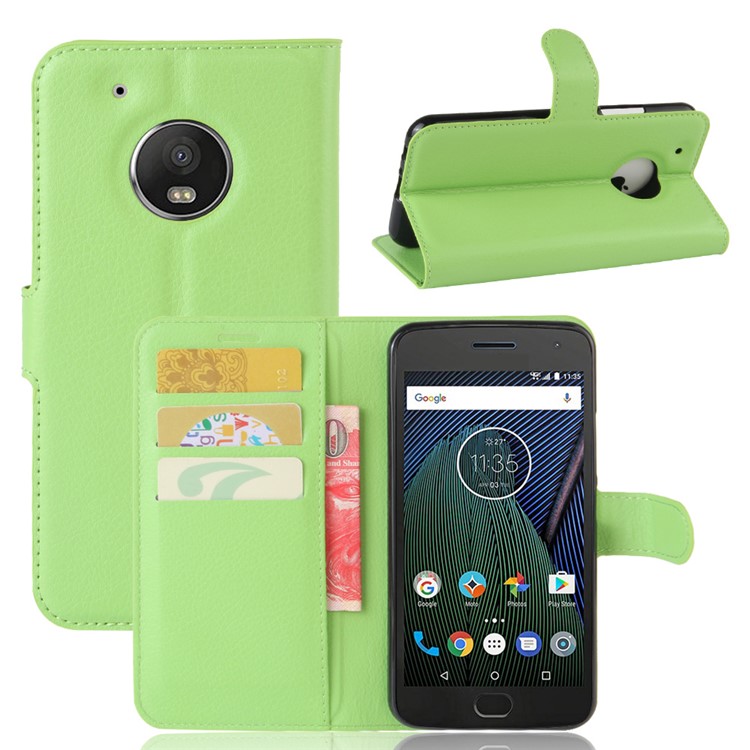Litchi Skin PU Leather Wallet Case for Motorola Moto G5 Plus - Green-1