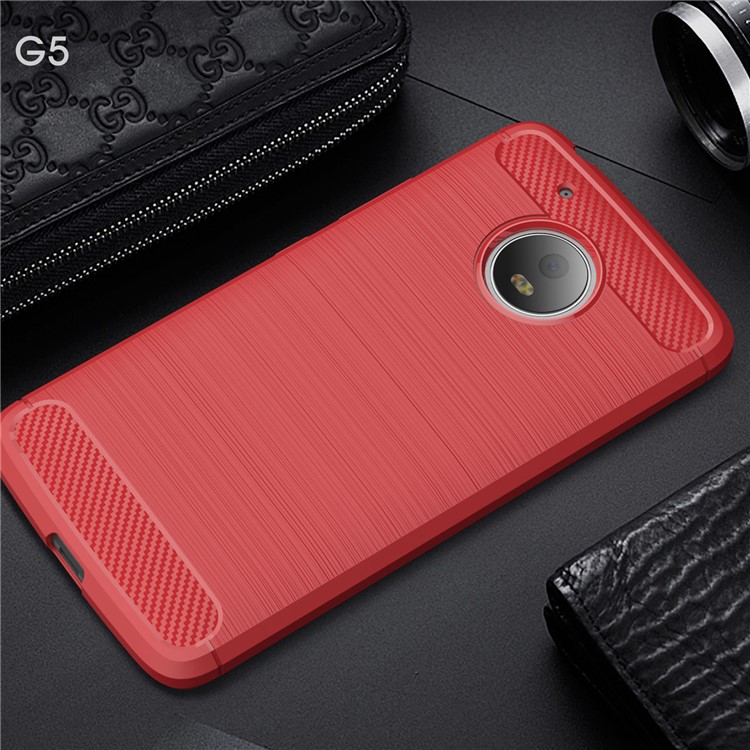 Carbon Fiber Brushed TPU Shockproof Mobile Casing for Motorola Moto G5 - Red-2
