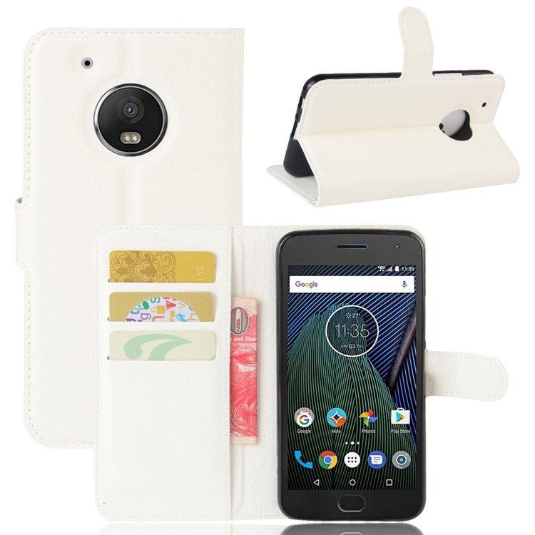 Litchi Grain Leather Wallet Stand Phone Case for Motorola Moto G5 - White-1