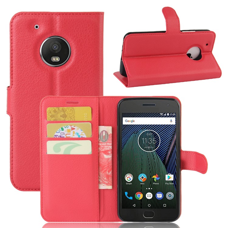 Litchi Grain Leather Folio Flip Wallet Cover for Motorola Moto G5 - Red-1