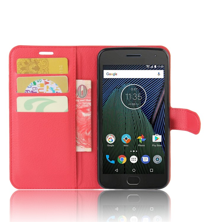 Litchi Grain Leather Folio Flip Wallet Cover for Motorola Moto G5 - Red-3