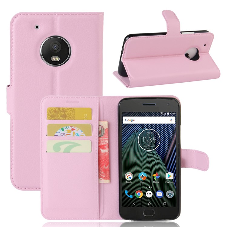 Litchi Grain Leather Magnetic Wallet Cover for Motorola Moto G5 - Pink-1