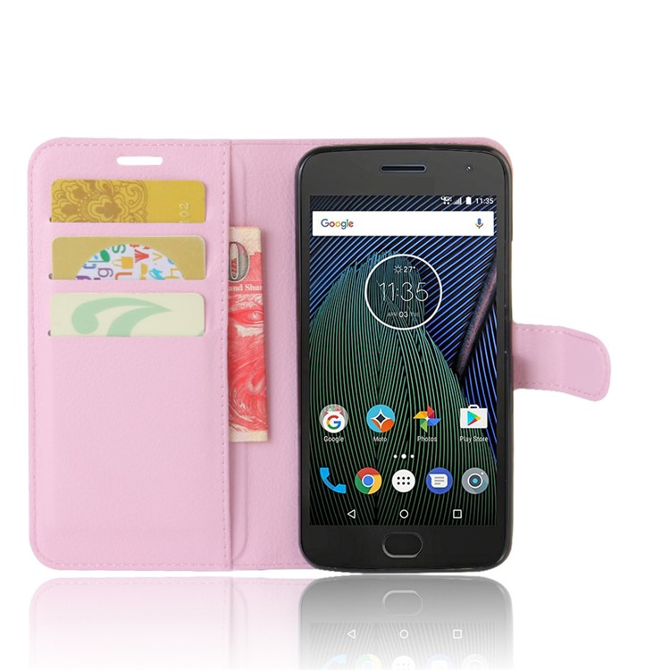 Litchi Grain Leather Magnetic Wallet Cover for Motorola Moto G5 - Pink-3