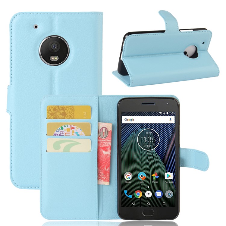 Litchi Grain Wallet Leather Phone Cover Accessory for Motorola Moto G5 - Blue-1