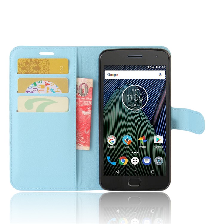 Litchi Grain Wallet Leather Phone Cover Accessory for Motorola Moto G5 - Blue-3
