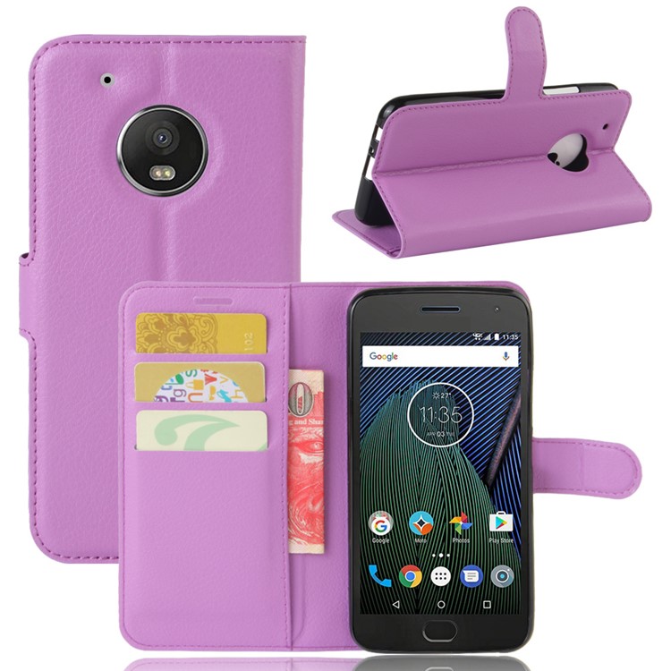 Litchi Grain Leather Shell Case Stand Card Holder for Motorola Moto G5 - Purple-1
