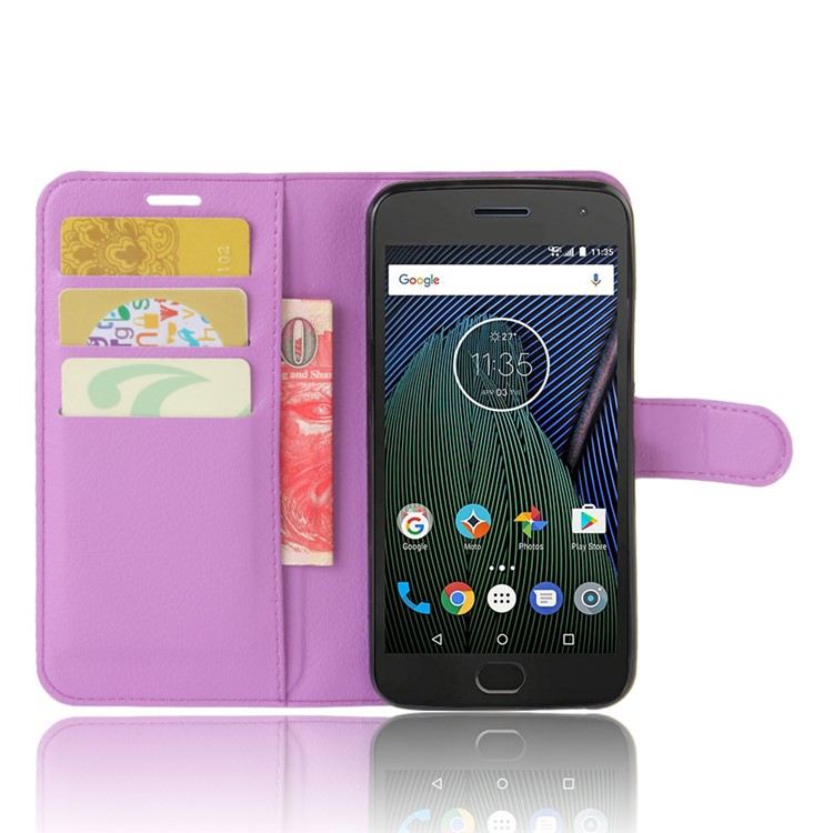 Litchi Grain Leather Shell Case Stand Card Holder for Motorola Moto G5 - Purple-3