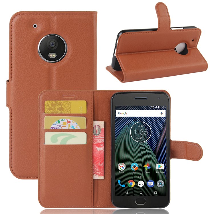 For Motorola Moto G5 Litchi Grain Leather Case Wallet Stand Cover - Brown-1