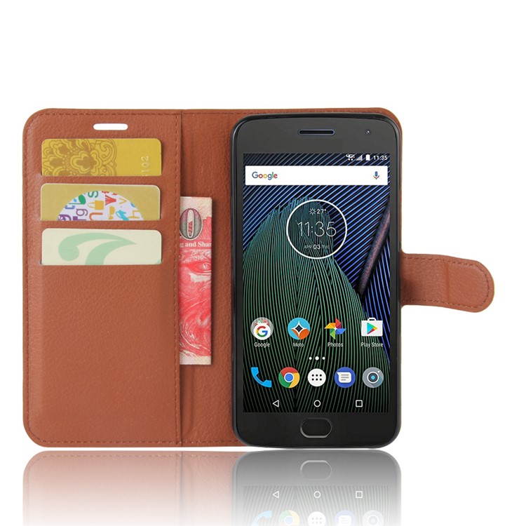 For Motorola Moto G5 Litchi Grain Leather Case Wallet Stand Cover - Brown-3