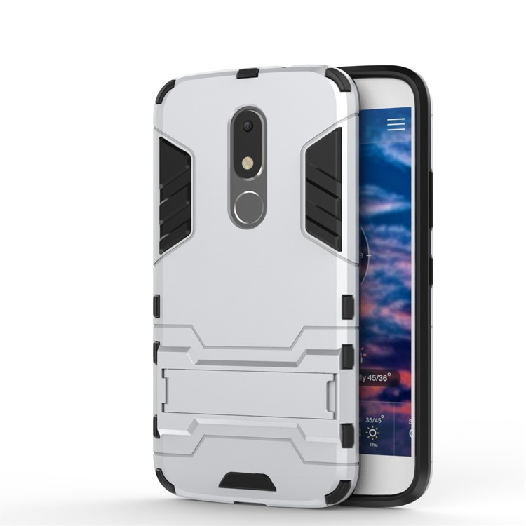 Cool Guard Plastic TPU Back Phone Case with Kickstand for Motorola Moto M - Silver-1