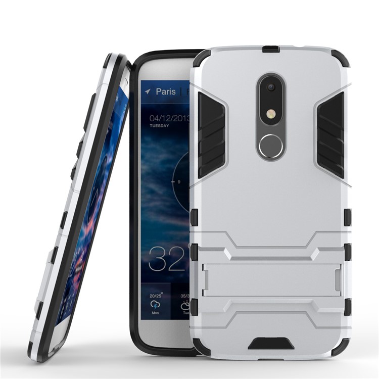 Cool Guard Plastic TPU Back Phone Case with Kickstand for Motorola Moto M - Silver-2