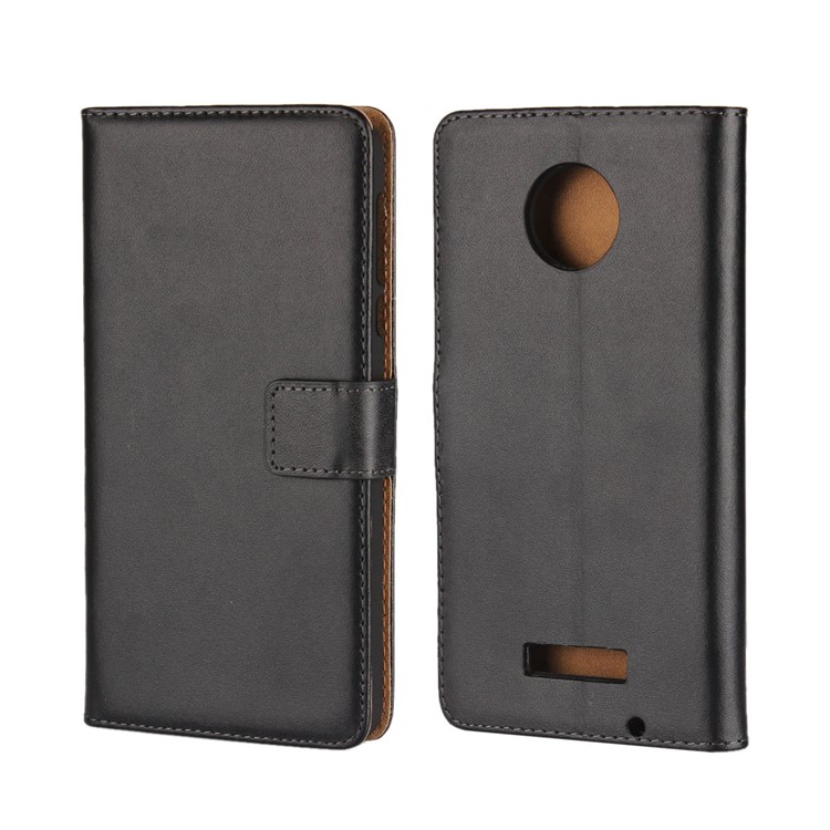 For Motorola Moto Z Play Genuine Split Leather Wallet Stand Phone Case - Black-1
