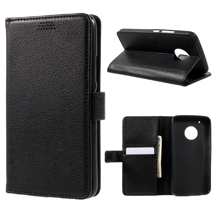 Litchi Skin Wallet Leather Stand Case for Motorola Moto G5 Plus - Black-1