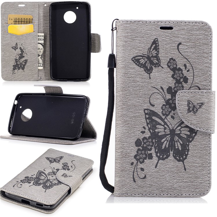 Butterfly Flower Imprinted Leather Wallet Case with Lanyard for Motorola Moto G5 - Grey-1