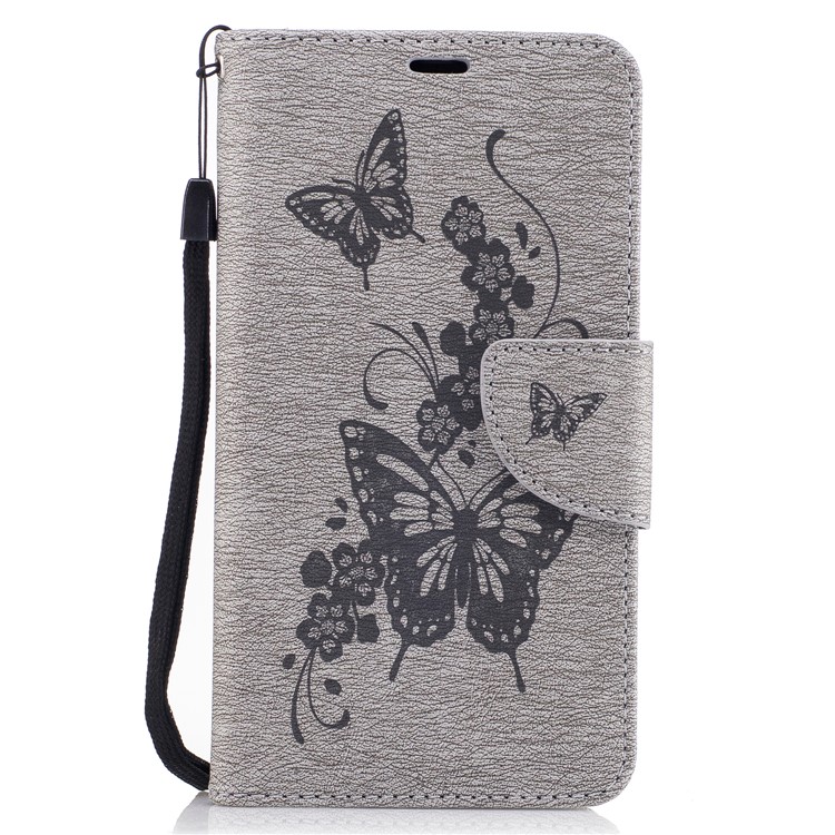 Butterfly Flower Imprinted Leather Wallet Case with Lanyard for Motorola Moto G5 - Grey-2