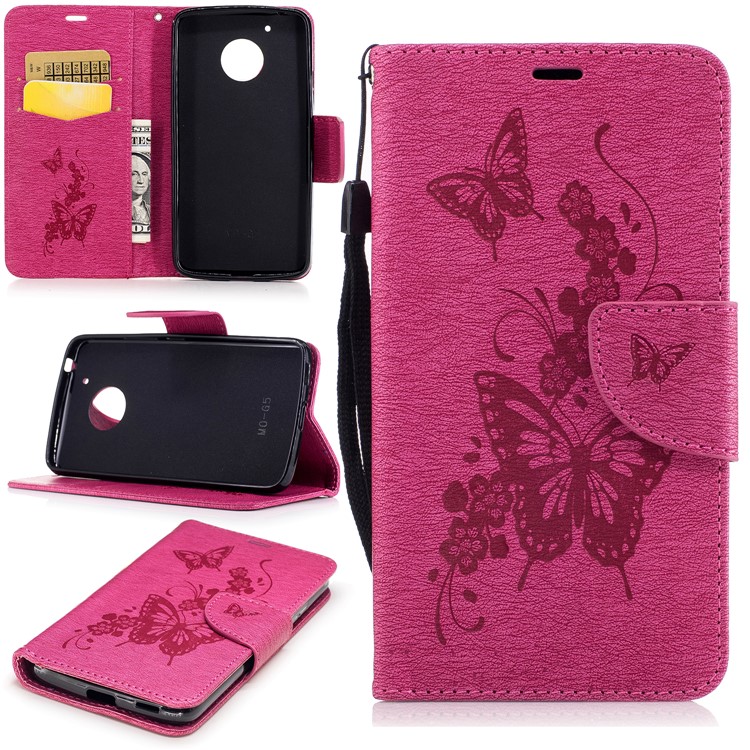 Butterfly Flower Imprinted Leather Flip Cover with Lanyard for Motorola Moto G5 - Rose-1
