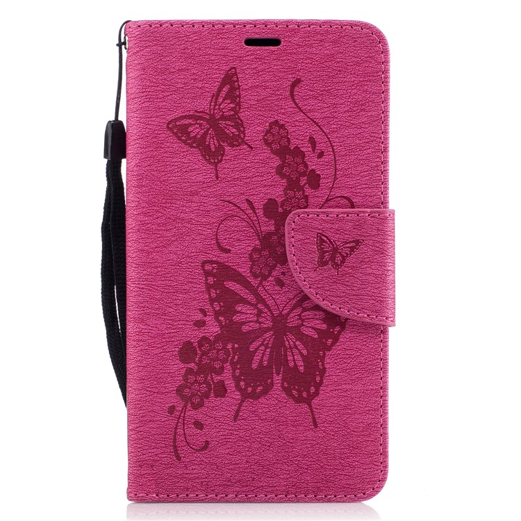 Butterfly Flower Imprinted Leather Flip Cover with Lanyard for Motorola Moto G5 - Rose-2