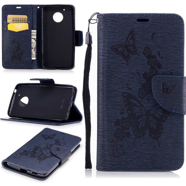 borboleta da flor da carteira de couro capa com colhedor para Motorola moto G5-azul escuro-1