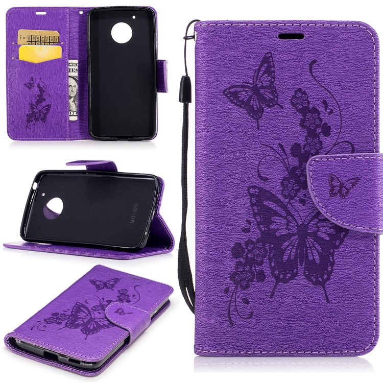 Imprinted Butterfly Flower Leather Stand Card Slots Case for Motorola Moto G5 - Purple-1