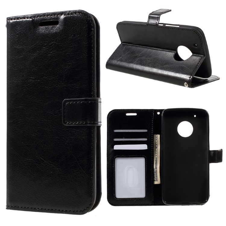 Crazy Horse ID/Credit Card Slots Leather Case with Lanyard Motorola Moto G5 - Black-1