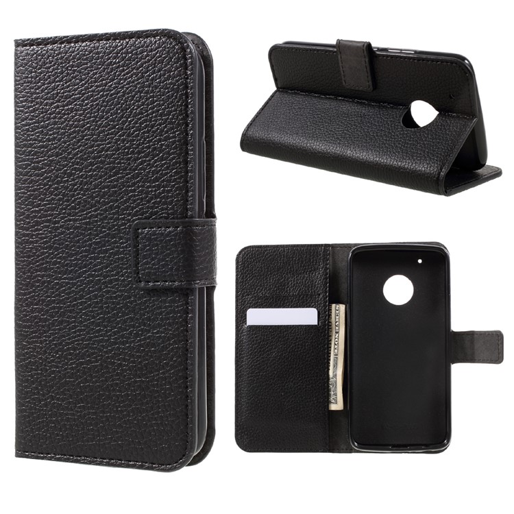 Litchi Skin Wallet Leather Stand Phone Case for Motorola Moto G5 Plus - Black-1