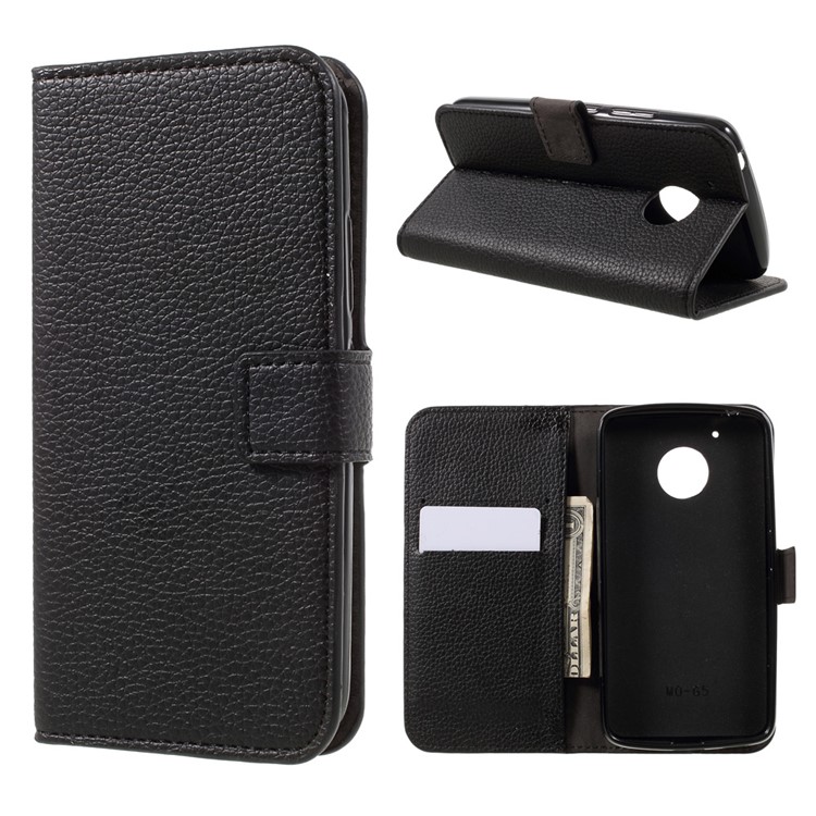 Litchi Skin Wallet Leather Stand Phone Case for Motorola Moto G5 - Black-1
