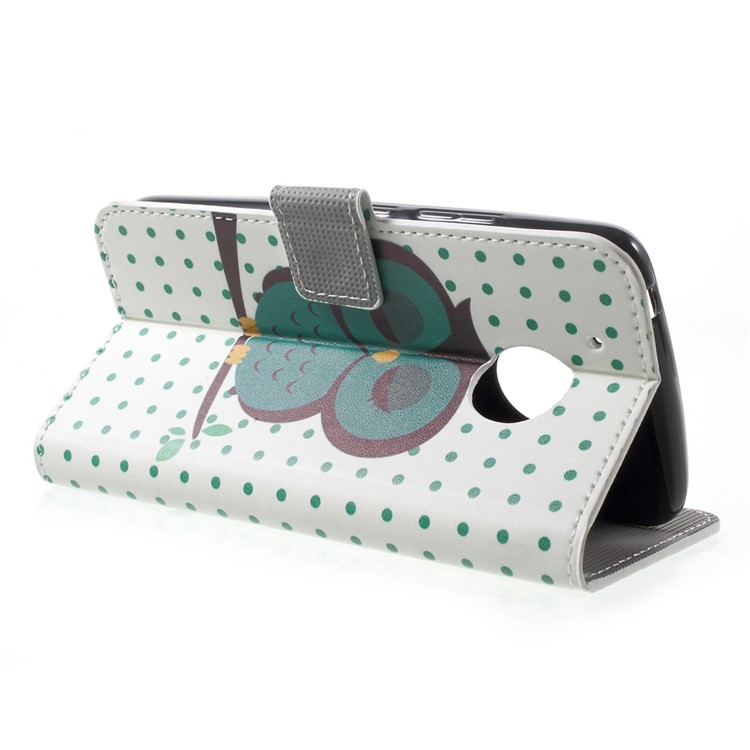 Patterned Leather Magnetic Wallet Shell for Motorola Moto G5 - Green Owl on Branch-4
