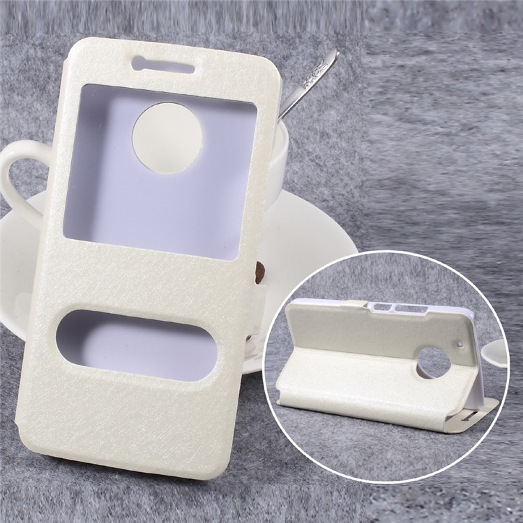 Silk Texture Double Window Leather Stand Mobile Phone Case for Motorola Moto G5 - White-1
