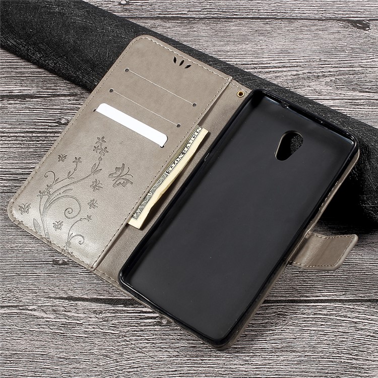 Wallet Leather Case with Imprinted Butterfly Flower for Lenovo P2 - Grey-7